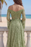 Lace Sage Green A-Line Off the Shoulder Beaded Long Prom Dress with Slit