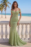 Mermaid Sage Green Off the Shoulder Lace Long Prom Dress