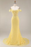 Yellow Lace Mermaid Off the Shoulder Corset Long Formal Dress