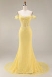 Lace Off the Shoulder Mermaid Corset Yellow Long Formal Dress