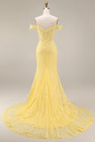 Lace Off the Shoulder Mermaid Corset Yellow Long Formal Dress
