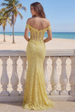 Yellow Lace Mermaid Off the Shoulder Corset Long Formal Dress