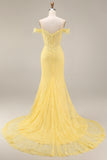 Yellow Lace Mermaid Off the Shoulder Corset Long Formal Dress