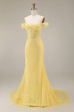 Lace Off the Shoulder Mermaid Corset Yellow Long Formal Dress