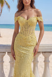Yellow Lace Mermaid Off the Shoulder Corset Long Formal Dress