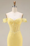 Lace Off the Shoulder Mermaid Corset Yellow Long Formal Dress