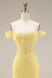 Yellow Lace Mermaid Off the Shoulder Corset Long Formal Dress