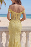 Yellow Lace Mermaid Off the Shoulder Corset Long Formal Dress