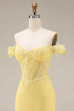 Lace Off the Shoulder Mermaid Corset Yellow Long Formal Dress