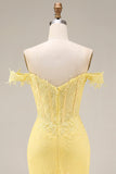 Lace Off the Shoulder Mermaid Corset Yellow Long Formal Dress