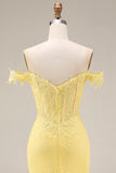 Yellow Lace Mermaid Off the Shoulder Corset Long Formal Dress