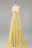 Lace A-Line Yellow Sweetheart Ruched Long Prom Dress