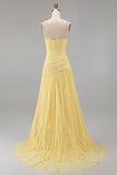 Lace A-Line Yellow Sweetheart Ruched Long Prom Dress