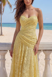 Lace A-Line Yellow Sweetheart Ruched Long Prom Dress