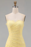 Lace A-Line Yellow Sweetheart Ruched Long Prom Dress