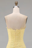 Lace A-Line Yellow Sweetheart Ruched Long Prom Dress