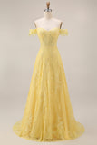 Off the Shoulder Yellow Lace A-Line Corset Appliqued Long Formal Dress