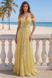 A-Line Off the Shoulder Yellow Lace Corset Appliqued Long Formal Dress