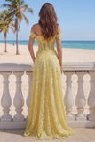 A-Line Off the Shoulder Yellow Lace Corset Appliqued Long Formal Dress