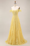 A-Line Off the Shoulder Yellow Lace Corset Appliqued Long Formal Dress
