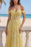 Off the Shoulder Yellow Lace A-Line Corset Appliqued Long Formal Dress