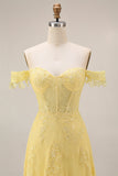 A-Line Off the Shoulder Yellow Lace Corset Appliqued Long Formal Dress