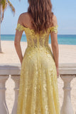 Off the Shoulder Yellow Lace A-Line Corset Appliqued Long Formal Dress
