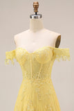 A-Line Off the Shoulder Yellow Lace Corset Appliqued Long Formal Dress