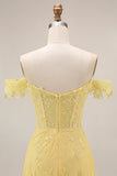 A-Line Off the Shoulder Yellow Lace Corset Appliqued Long Formal Dress