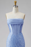 Satin Mermaid Blue Strapless Pearl Embellished Corset Long Prom Dress with Beading