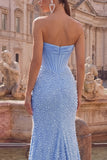 Satin Mermaid Blue Strapless Pearl Embellished Corset Long Prom Dress with Beading