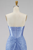 Satin Mermaid Blue Strapless Pearl Embellished Corset Long Prom Dress with Beading