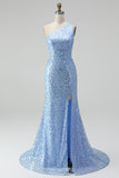 Sparkly Blue One Shoulder Mermaid Sequins Long Prom Dress with Slit