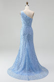 Sparkly Blue One Shoulder Mermaid Sequins Long Prom Dress with Slit