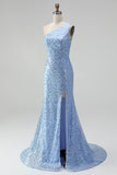 Sparkly Blue One Shoulder Mermaid Sequins Long Prom Dress with Slit