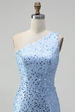 Sparkly Blue One Shoulder Mermaid Sequins Long Prom Dress with Slit