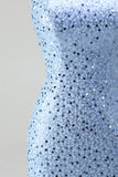 Sparkly Blue One Shoulder Mermaid Sequins Long Prom Dress with Slit