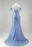 Mermaid Blue Off the Shoulder Pearl Embellished Corset Beaded Long Prom Dress with Slit