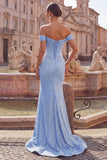 Mermaid Blue Off the Shoulder Pearl Embellished Corset Beaded Long Prom Dress with Slit