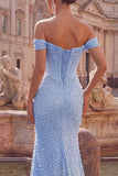 Mermaid Blue Off the Shoulder Pearl Embellished Corset Beaded Long Prom Dress with Slit