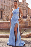 Blue One Shoulder Mermaid Beaded Ruched Pearl Embellished Long Prom Dress with Slit