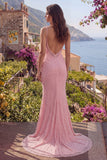 Pink Mermaid Beaded Spaghetti Straps Sequins Long Prom Dress with Slit
