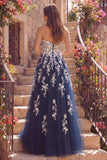 Navy A-Line Sweetheart Floral Tulle Long Prom Dress
