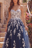 Navy A-Line Sweetheart Floral Tulle Long Prom Dress