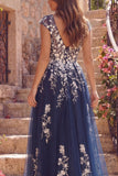 Tulle Navy A-Line V-Neck Floral Long Prom Dress with Slit