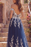 Navy Off the Shoulder A-Line Tulle Floral Long Prom Dress