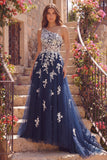 One Shoulder A-Line Tulle Corset Navy Floral Long Prom Dress with Appliques