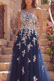 One Shoulder A-Line Tulle Corset Navy Floral Long Prom Dress with Appliques