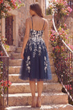 Navy A-Line Spaghetti Straps Floral Midi Dress with Slit