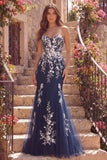 Navy Sweetheart Mermaid Floral Long Prom Dress with Appliques